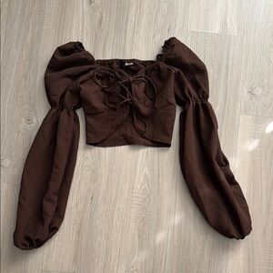 Elegant Brown Puff Sleeve Cropped Top
